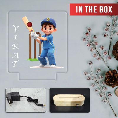 Personalized Cricket Theme LED Night Lamp with Warm White Light & Wooden Stand Gift for Cricket Lover, Boys & Girls Birthday Return Gift Lamp for Sports Fans